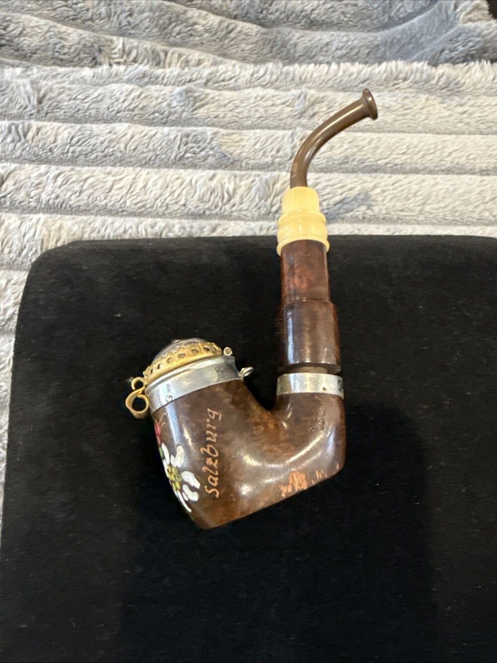 Rare Antique Briar Wood Smoking Pipe Austrian Made Hinged Lid Floral Salzburg